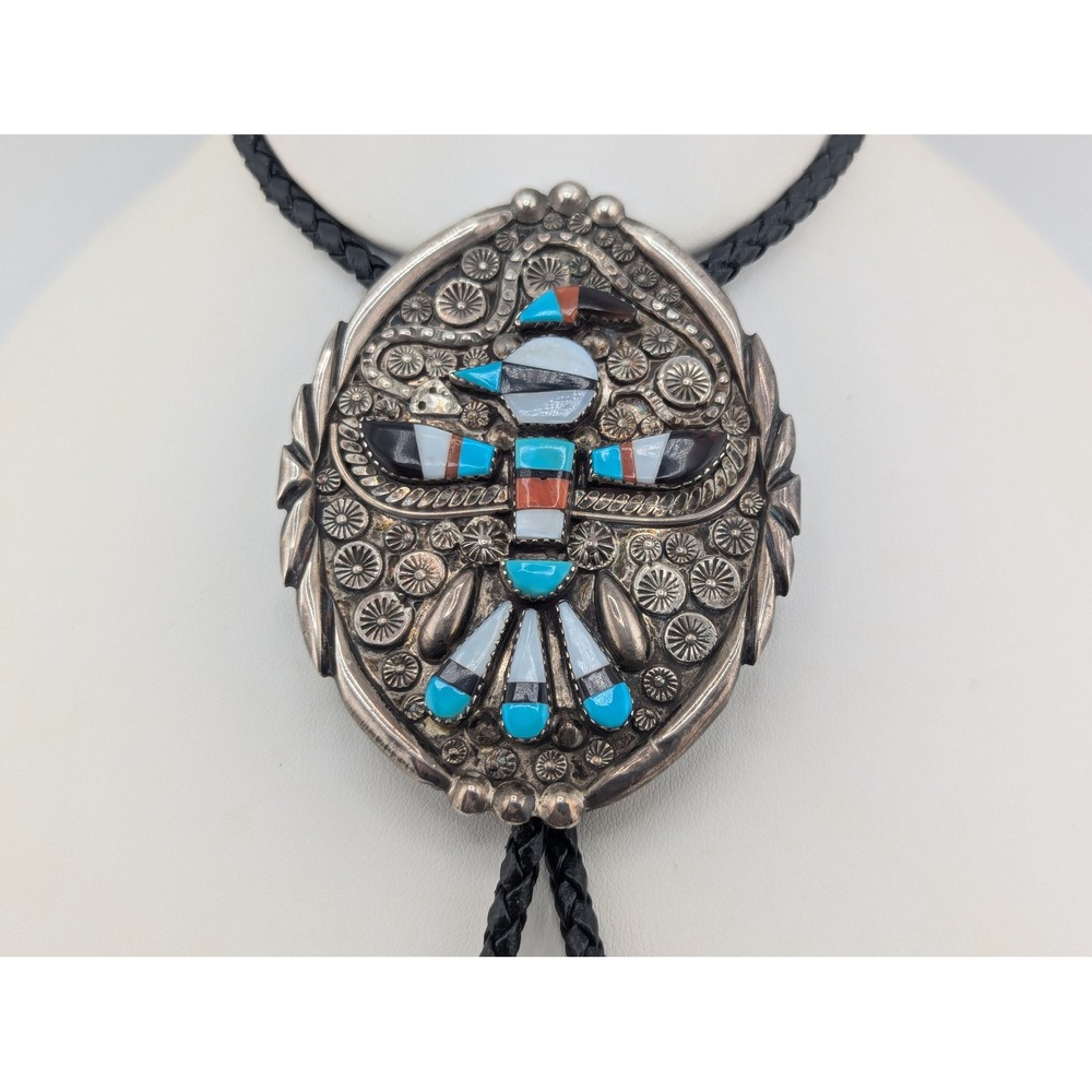 Rare Vintage Bolo Tie Museum Piece Leather Sterling Silver Southwest Accessory *